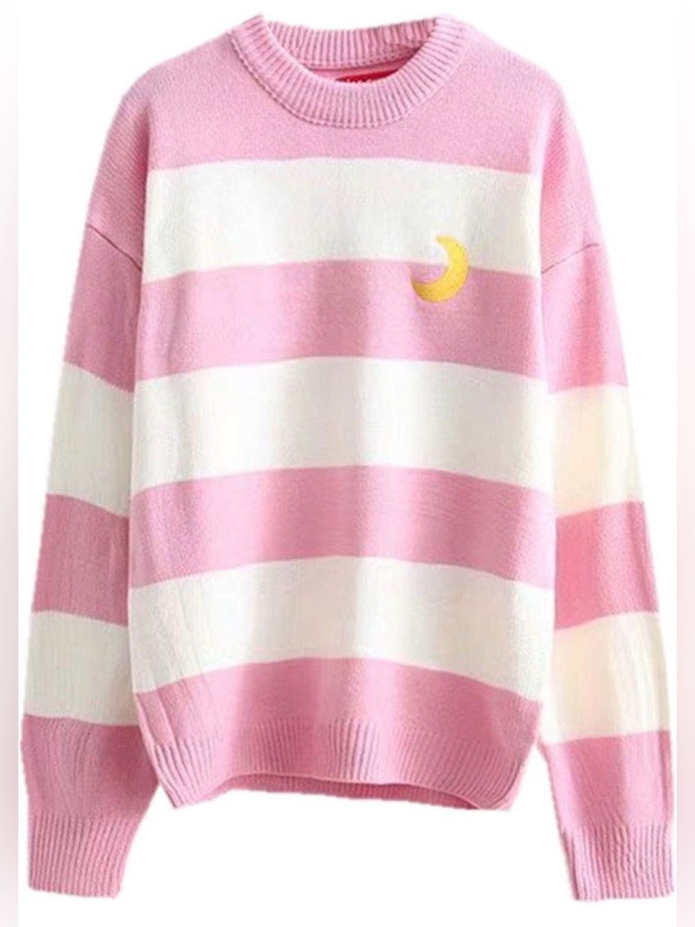Pink & White Striped Crewneck Sweater with Crescent Moon